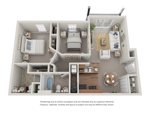 Floor plan for 2 beds, 2 baths, 933 sqft